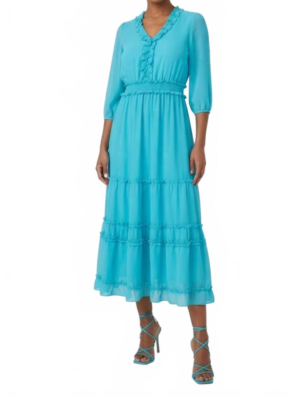 NEW NICOLE MILLER smocked waist tiered maxi dress in capri blue